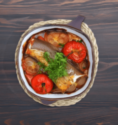 Рыба (зубатка) запеченная с помидорами и луком