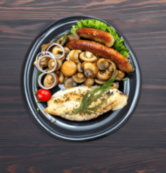 Куриное филе, шампиньоны с сыром и запеченые сосиски